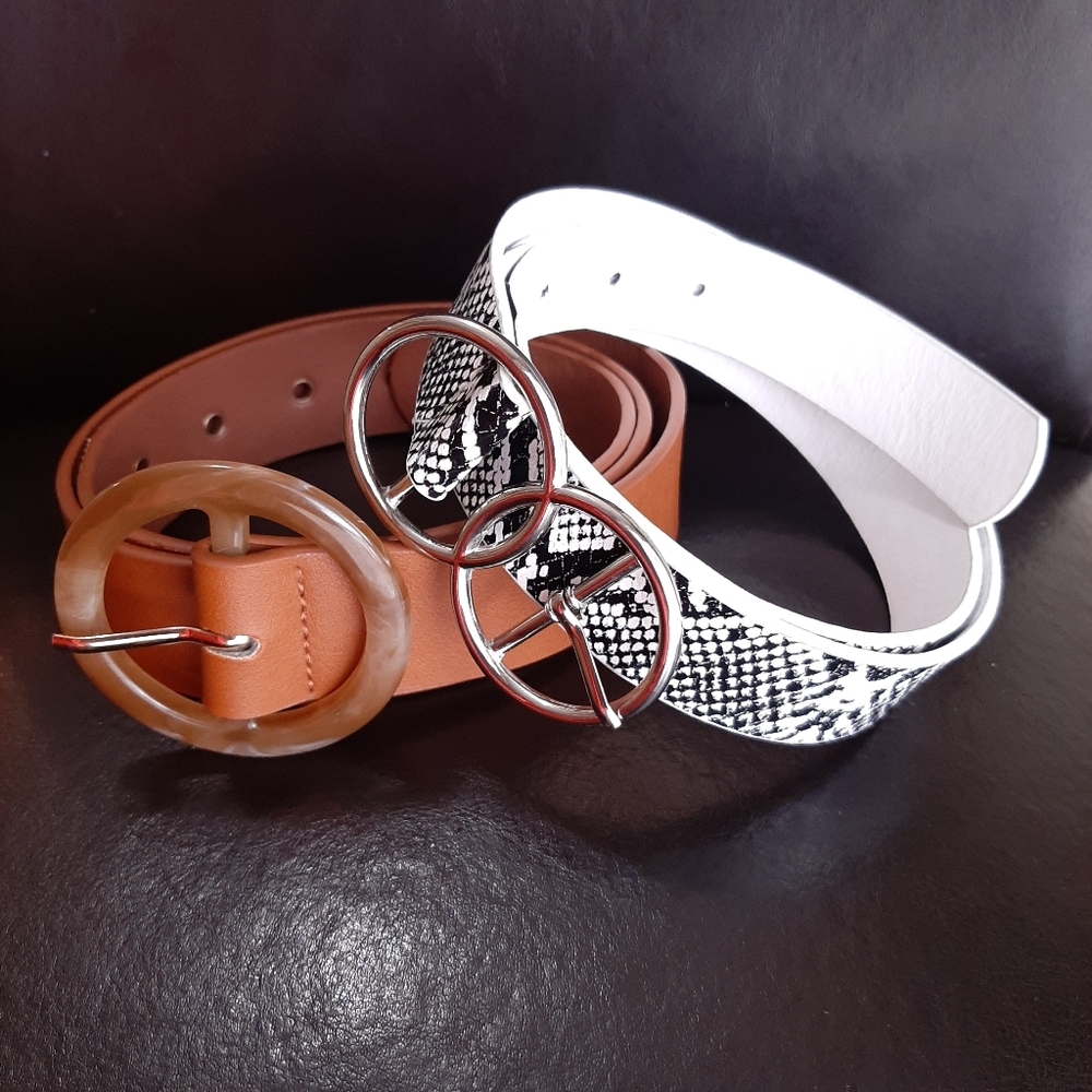 Bundle of 2 Faux Leather Belts Black White Tan Snakeskin LA Express